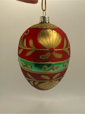 Large Gold & Red Decorative Holiday Ornament - Elegant Hanging Egg Christmas